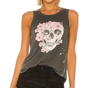 CHASER Safari Green Pink Flower Cherry Blossom Skull Sleeveless Muscle Tank Top